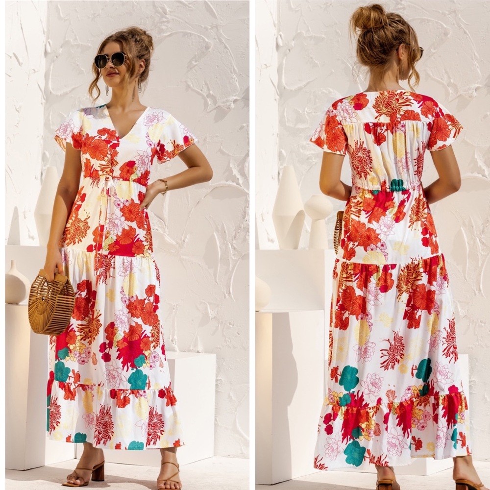 Red Green Floral Maxi Dress (Ankle Length) - Picture 3 of 3